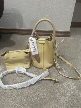Textured Mini Bucket Bag in Soft Yellow with Removable Pouch